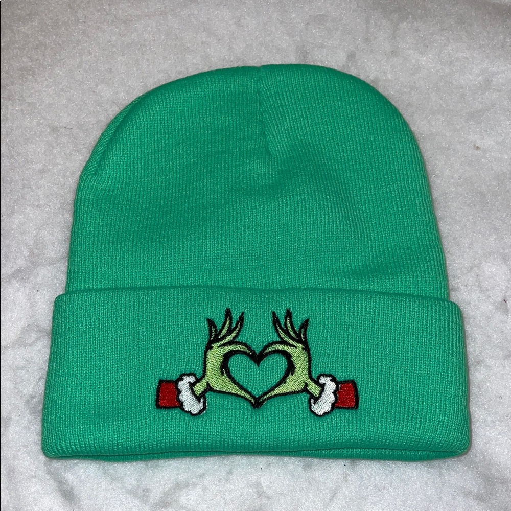 Green Grinch Adult Beanie knit hat with Heart Design neon green new